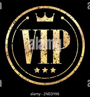 Gold VIP-Grunge style Stempel Symbol mit Krone auf einem schwarzen Hintergrund. Stock Vektor