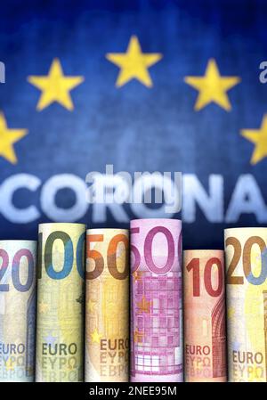 Coronavirus, Euro-Banknoten und EU im Porträtformat Stockfoto