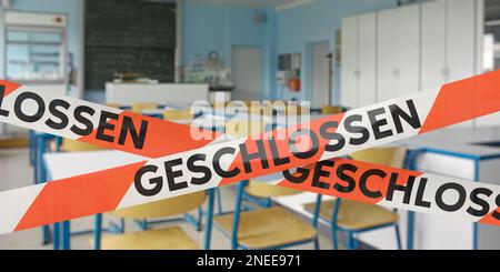 Die Schule ist geschlossen. Barrierebänder mit DEM deutschen Wort "GESCHLOSSEN" GESCHLOSSEN Stockfoto