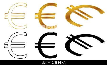 Euro EUR-Währung der Europäischen Union Goldzeichen, Silhouette und Umriss isometrischer Ober- und Vorderansicht isoliert auf weißem Hintergrund. Währung der Europäischen Stockfoto