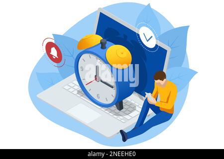 Isometrisches Zeitmanagement und Geschäftsplanung. Zeit ist Geld. Abgabetermin. Deadline-Konzept des überarbeiteten Projektplans für das Arbeitszeitmanagement Stock Vektor
