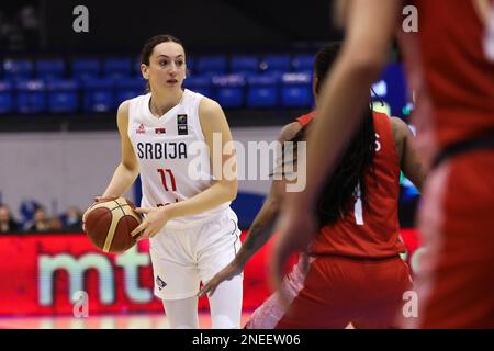 Belgrad, Serbien, 9. Februar 2023. Aleksandra Crvendakic von Serbien in Aktion während des EuroBasket-Qualifikationsspiels der Frauen zwischen Serbien und Kroatien in der Ranko Zeravica Hall in Belgrad, Serbien. 9. Februar 2023. Kredit: Nikola Krstic/Alamy Stockfoto