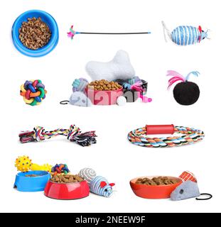 Set mit Fütterschüsseln und Spielzeugen für Haustiere auf weißem Hintergrund Stockfoto