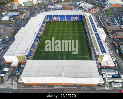 Allgemeine Luftaufnahme des Halliwell Jones Stadium, Heimstadion von Warrington Wolves vor dem Spiel der Betfred Super League Runde 1 Warrington Wolves gegen Leeds Rhinos im Halliwell Jones Stadium, Warrington, Großbritannien, 16. Februar 2023 (Foto von Craig Thomas/News Images) Stockfoto