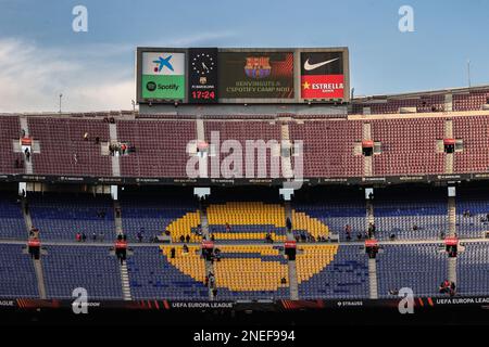 Barcelona, Spanien. 16. Februar 2023. Das Scoreboard vor den UEFA Europa League Knockout Round Play-offs zeigt Barcelona gegen Manchester United im Spotify Camp Nou, Barcelona, Spanien, 16. Februar 2023 (Foto von Mark Cosgrove/News Images) in Barcelona, Spanien, am 2./16. Februar 2023. (Foto: Mark Cosgrove/News Images/Sipa USA) Guthaben: SIPA USA/Alamy Live News Stockfoto