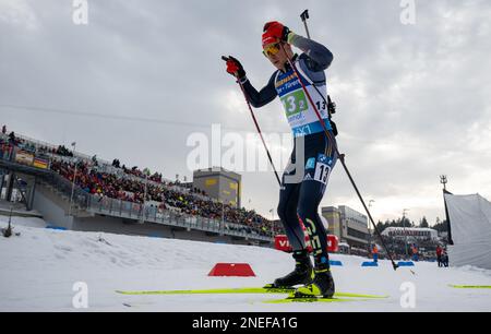 Oberhof, Deutschland. 16. Februar 2023. Biathlon: Weltmeisterschaft, Individual Relay, Gemischt. Philipp Nawrath aus Deutschland auf der Rennstrecke. Kredit: Hendrik Schmidt/dpa/Alamy Live News Stockfoto