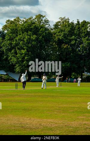 Dorfcricket-Karte im Toft Cricket Club in Knutsford Cheshire England, ein traditioneller Sommersport. Stockfoto