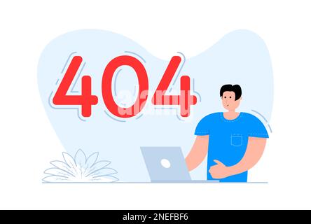 Ein Mann steht in der Nähe des Smartphones, auf dem Bildschirm Fehler 404 Seite. Systemfehler. Stock Vektor