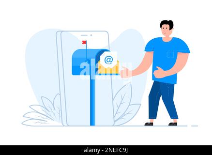 Ein Mann steht in der Nähe des Smartphones, auf dem Bildschirm Abonnement für Newsletter, E-Mail-Marketing Stock Vektor