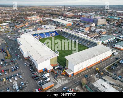 Allgemeine Luftaufnahme des Halliwell Jones Stadium, Heimstadion von Warrington Wolves vor dem Spiel der Betfred Super League Runde 1 Warrington Wolves gegen Leeds Rhinos im Halliwell Jones Stadium, Warrington, Großbritannien, 16. Februar 2023 (Foto von Craig Thomas/News Images) Stockfoto