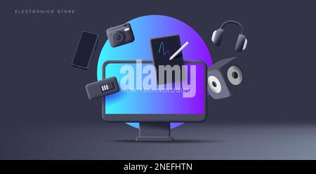 Intelligente Gadgets Elektronik 3D-Darstellung der Desktopzusammenstellung mit Tablet-Musikbox und Fotokamera, schwarzer Hintergrund mit blauem Farbverlauf Stock Vektor