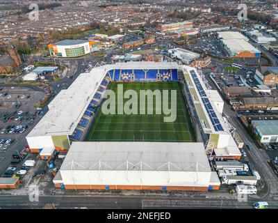 Warrington, Großbritannien. 16. Februar 2023. Allgemeine Luftaufnahme des Halliwell Jones Stadium, Heimstadion von Warrington Wolves vor dem Spiel der Betfred Super League Runde 1 Warrington Wolves gegen Leeds Rhinos im Halliwell Jones Stadium, Warrington, Großbritannien, 16. Februar 2023 (Foto von Craig Thomas/News Images) in Warrington, Großbritannien, am 2./16. Februar 2023. (Foto: Craig Thomas/News Images/Sipa USA) Guthaben: SIPA USA/Alamy Live News Stockfoto