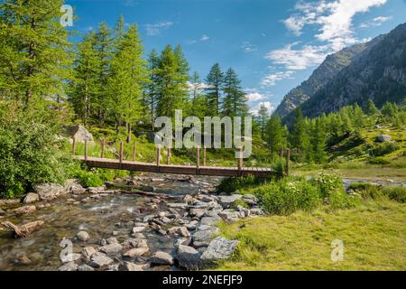 Die Fußgängerbrücke in der Landschaft am Lago d Arpy See. Stockfoto