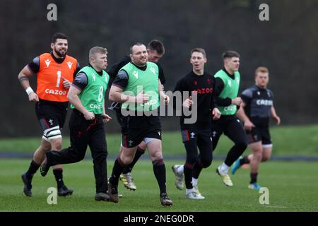 Cardiff, Großbritannien. 16. Februar 2023. Ken Owens of Wales (c) während des Rugby-Trainings in Wales, Vale of Glamorgan am Donnerstag, den 16. Februar 2023. Die Wales-Spieler trainieren, während viele Spieler Vertragsgespräche mit ihren Regionen und dem WRU .pic von Andrew Orchard/Andrew Orchard Sports Photography/Alamy Live News Credit: Andrew Orchard Sports Photography/Alamy Live News führen Stockfoto