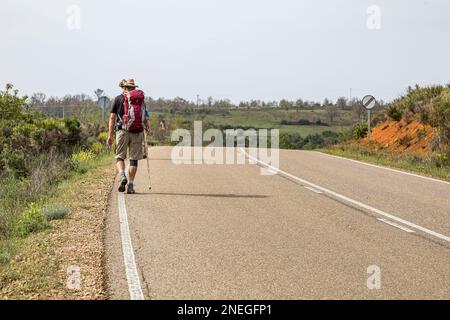 Ein einsamer Mann auf dem Land, Camino Frances, Valverde de la Virgen, Castile und Leon, Spanien. Stockfoto