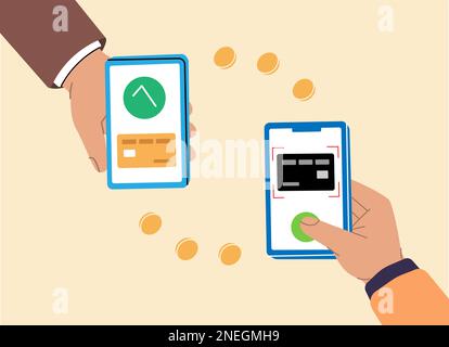 Mobile Zahlungstransfers. Mobile Banking-App und elektronische Zahlung. Smartphone-Hände mit Online-Banking-Zahlungs-Apps. Zahlung über NFC-Funktion. Stock Vektor