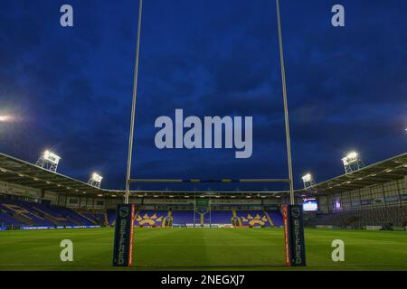 Allgemeiner Überblick über das Halliwell Jones Stadium, Heimstadion von Warrington Wolves vor dem Spiel der Betfred Super League Runde 1 Warrington Wolves gegen Leeds Rhinos im Halliwell Jones Stadium, Warrington, Großbritannien, 16. Februar 2023 (Foto von Gareth Evans/News Images) Stockfoto