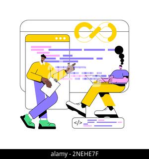 DeSecOps Workflow isolierte Cartoon-Vektorabbildungen. Gruppe von Kollegen, die gemeinsam an einem neuen IT-Projekt arbeiten, DevSecOps-System, moderne Technologie, Sicherheit und Betriebsabläufe. Stock Vektor