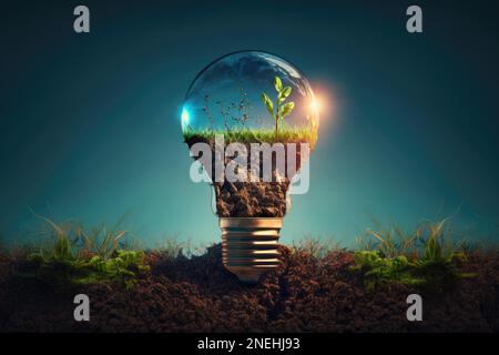 Eine erdgefüllte Glühbirne mit einem kleinen Baum vor blauem Hintergrund symbolisiert Nachhaltigkeit und die Bedeutung der Pflege des Planeten für eine grünere Zukunft Stockfoto