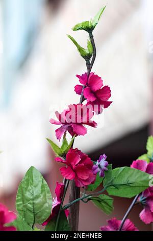 Verzweigung mit künstlichen violetten Kunststoffblüten in der Nähe Stockfoto