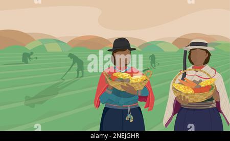 Einheimische Frauen aus Ecuador tragen Körbe mit Karotten aus Maiskartoffeln vor dem Hintergrund eines grünen Feldes mit Silhouetten von Frauen, die mit Hacke arbeiten Stock Vektor