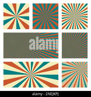 Fantastische Sonnen-Hintergrundkollektion. Abstrakte Abdeckungen mit radialen Strahlen. Saubere Vektordarstellung. Stock Vektor