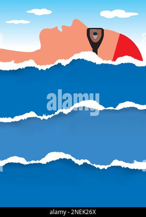 Silhouette mit Schwimmbrille und Badekappe, zerrissenem Papier, Bannervorlage. Verspielte Bannervorlage.Vektor verfügbar. Stock Vektor