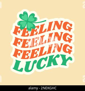 Glücksbringer mit Kleeblatt. St. Patrick's Day Retro groovy welliger Aufkleber. Vektordarstellung Stock Vektor