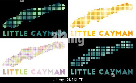 Eine kleine Cayman-Karte. Kartensammlung von Little Cayman im gepunkteten Stil. Die Inselgrenzen sind mit Rechtecken für Ihr Design gefüllt. Vector Illustrati Stock Vektor