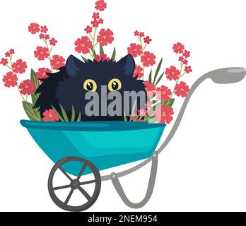 Schwarze Katze in einer Gartenradkarre mit roten Blumen, lustige Vektordarstellung Stock Vektor