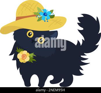 Schwarze Katze in gelbem Sommerhut mit Blumen, Cartoon-Stil Vector Stock Vektor