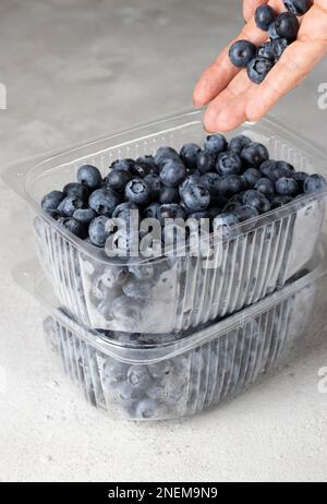 Frische Blaubeeren in zwei Kunststoffbehältern auf grauem Hintergrund, lässt die Frau die Blaubeeren in den Behälter fallen Stockfoto