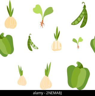 Gartenarbeit. Nahtloses Muster mit Gemüse und Zwiebeln. Zwiebeln, Erbsen und Paprika Stock Vektor