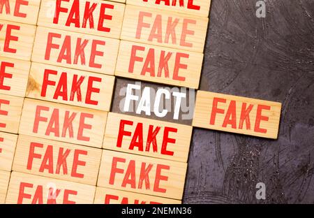 Puzzle aus Holz, mit Wort Fakt und Fake. Stockfoto