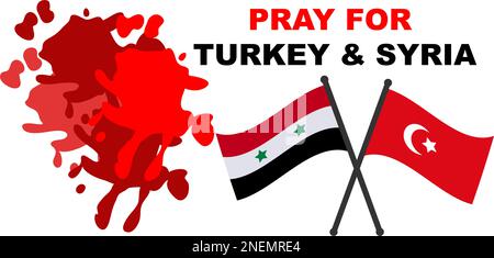 Beten Sie für die Opfer der Erdbebenkatastrophe in der Türkei und Syrien, um Leben zu retten. Unterstützen und zeigen Sie Solidarität mit dem türkischen und syrischen Volk. Türkei-Karte, Syrien-Karte Stock Vektor