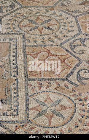 Detail eines römischen Mosaikbodens, der von Archäologen und Studenten der Universität von Padua in der antiken Stadt Nora, Sardinien, ausgegraben wurde. Stockfoto