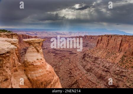 Sturmwolken über einer Sandstein-Hoodoo-Felssäule im Long Canyon, hinter den Rocks und den La Sal Mountains vom Pucker Pass in der Nähe von Moab, Utah. Stockfoto