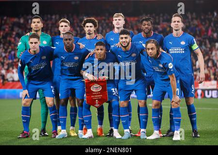 Sevilla, Spanien. 16. Februar 2023. Der Anfang 11 des PSV Eindhoven für das UEFA Europa League-Spiel zwischen dem FC Sevilla und dem PSV Eindhoven im Estadio Ramon Sanchez Pizjuan in Sevilla. (Foto: Gonzales Photo/Alamy Live News Stockfoto