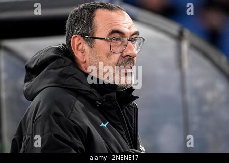 Rom, Italien. 16. Februar 2023. Maurizio Sarri, Trainer der SS Lazio, schaut während des Fußballspiels der Conference League zwischen SS Lazio und CFR Cluj im Olimpico-Stadion in Roma (Italien) im Februar 16. 2023 zu. Foto Andrea Staccioli/Insidefoto Credit: Insidefoto di andrea staccioli/Alamy Live News Stockfoto