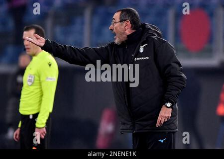 Rom, Italien. 16. Februar 2023. Maurizio Sarri Trainer der SS Lazio Gesten während des Fußballspiels der Conference League zwischen SS Lazio und CFR Cluj im Olimpico Stadion in Roma (Italien), Februar 16. 2023. Foto Andrea Staccioli/Insidefoto Credit: Insidefoto di andrea staccioli/Alamy Live News Stockfoto