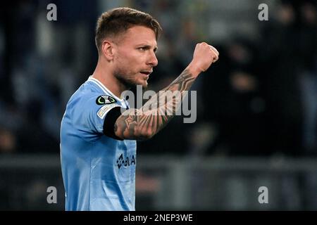 Rom, Italien. 16. Februar 2023. Ciro Immobile von SS Lazio feiert, nachdem er im Februar 16. 2023 im Olimpico-Stadion in Roma (Italien) das Tor von 1-0 beim Fußballspiel der Conference League zwischen SS Lazio und CFR Cluj erzielt hat. Foto Andrea Staccioli/Insidefoto Credit: Insidefoto di andrea staccioli/Alamy Live News Stockfoto