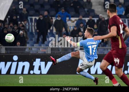 Rom, Italien. 16. Februar 2023. Ciro Immobile von SS Lazio erzielt während des Fußballspiels der Conference League zwischen SS Lazio und CFR Cluj im Olimpico-Stadion in Roma (Italien) im Februar 16. 2023 das Ziel von 1-0. Foto Andrea Staccioli/Insidefoto Credit: Insidefoto di andrea staccioli/Alamy Live News Stockfoto