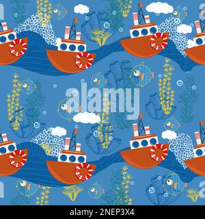 Nahtloses Muster, niedlich, kindisch. Nahtloser Hintergrund mit Booten. Für Modestoffe, Babykleidung, T-Shirts, Karten, Vorlagen und Sammelalben. Kind Stock Vektor
