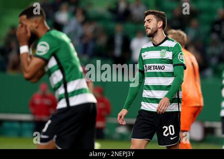 Lissabon, Portugal. 16. Februar 2023. Paulinho von Sporting CP (R ) reagiert auf das Spiel Leg 1 in der Knockout-Runde – UEFA Europa League zwischen Sporting CP und FC Midtjylland am 16. Februar 2023 im Alvalade-Stadion in Lissabon, Portugal. (Kreditbild: © Pedro Fiuza/ZUMA Press Wire) NUR REDAKTIONELLE VERWENDUNG! Nicht für den kommerziellen GEBRAUCH! Stockfoto