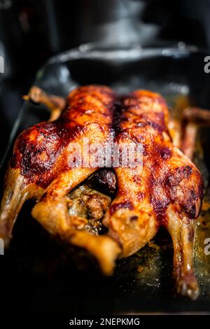 Ganze geröstete Entengeflügelvögel, Vertikalansicht in Glasschale zum Backen mit knusprig-brauner goldener Haut mit Textur Stockfoto