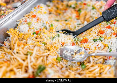 Makroaufschnitt mit weißem Reis, brasilianischem Galinhada-Gericht mit gelber Hähnchentortilla, Erbsen- und Karottengemüse und Servierlöffel in Büfettform für Katzen Stockfoto