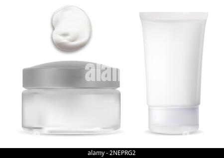 Behälter für kosmetische Creme. Glasbehälter mit Kunststoffdeckel, weiße Verpackung. Foundation Creme Schlauchschablone, realistisches Feuchtigkeitspaket. Creme produ Stock Vektor