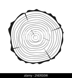 Baumstamm schneidet Vektor in handgezeichneter Skizze. Rinde eines Baumes mit Rissen, gesägte Kiefer rund. Holzbaumringe. Eichenscheiben, Holzsymbol. Stock Vektor