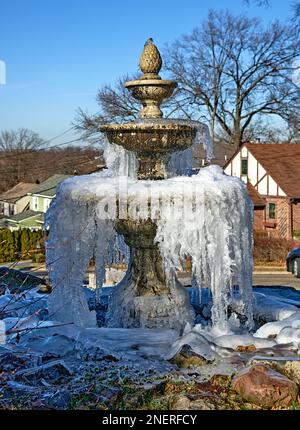 Ein großer, mit Eis bedeckter Brunnen mit einem klaren blauen Himmelshintergrund. Stockfoto