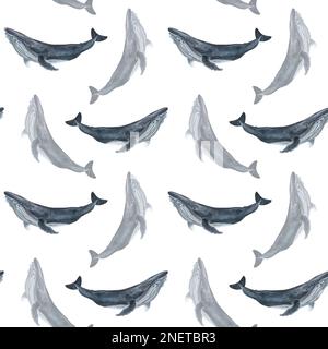 Delfin, Killerwal und Blauwal. Lila Sterne und Farbflecken. Nahtloses Aquarell-Muster. Stockfoto